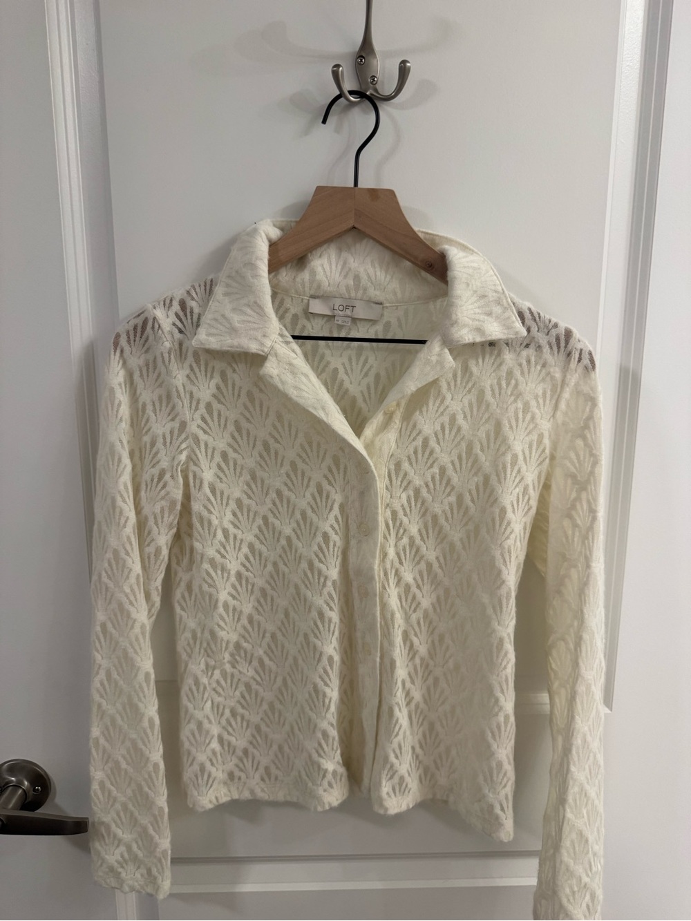 LOFT Cream Openwork Button-Front Collared Knit Shirt